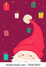 Illustration of a Swedish Tomte Wearing a Red Conical Hat with Gifts