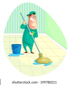 illustration of sweeper moping floor in vector