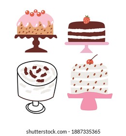Illustration of sweet baked vector isolated cakes set. Strawberry icing cake, brown chocolate cake gourmet, birthday celebration cherry brownie bakery with fruit. Cake icon white background. - Vector
