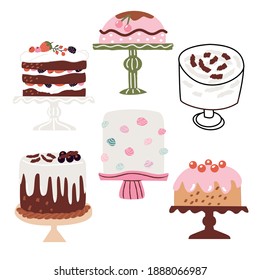 Illustration Of Sweet Baked Vector Isolated Cakes Set. Strawberry Icing Cake, Brown Chocolate Cake Gourmet, Birthday Celebration Cherry Brownie Bakery With Fruit. Cake Icon White Background. - Vector