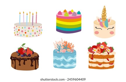 Illustration of sweet baked vector isolated cakes set. Strawberry icing pie for holiday, cupcake, brown chocolate cake gourmet, colorful birthday celebration cherry brownie bakery with fruit