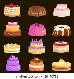 Illustration of sweet baked vector isolated cakes set. Strawberry icing pie for holiday, cupcake, brown chocolate cake gourmet, colorful birthday celebration cherry brownie bakery with fruit