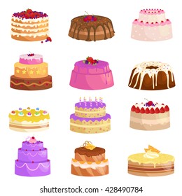 Illustration Of Sweet Baked Vector Isolated Cakes Set. Strawberry Icing Pie For Holiday, Cupcake, Brown Chocolate Cake Gourmet, Colorful Birthday Celebration Cherry Brownie Bakery With Fruit