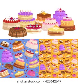 Illustration of sweet baked vector isolated cakes set. Strawberry icing pie for holiday, cupcake, brown chocolate cake gourmet, colorful birthday celebration cherry brownie bakery with fruit