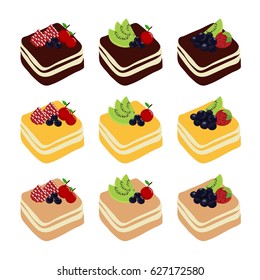 Illustration of sweet baked vector isolated cakes set.