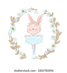 Illustration of a sweet bunny surrounded by beautifull blue flowers wreath. Dancilg little rabbit wearing blue tutu ans wreath. Can be used for t-shirt print, kids wear fashion design, baby shower inv