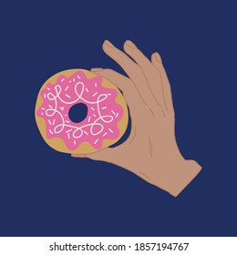 Illustration of sweet candy donuts. Hand-drawn in the flat style. Hand of a man with a doughnut and icing. Sugar buns concept of a bakery, pastry shop. Workshop for the preparation of sweets and
