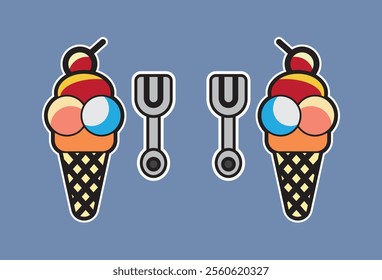 Illustration of a sweet cartoon ice cream set, lychee fruit on top as a complement along with an illustration of a cartoon spoon and fork on a white background