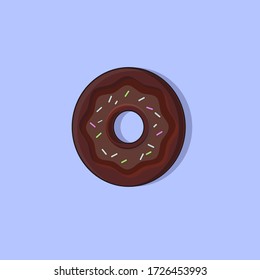 Illustration of sweet chocolate donut with topping and colorful sprinkles. Tasty vector donut on blue background with short grey shadow.