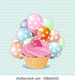 Illustration of sweet cupcake, strawberry and balloons