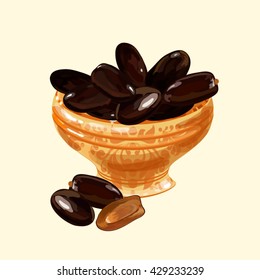 Illustration of sweet dates in beautiful bowl for Holy Month of Muslim Community, Ramadan Mubarak celebration