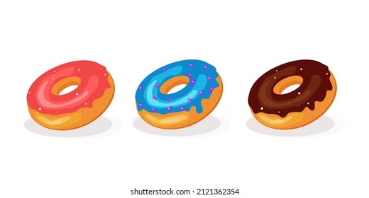 Illustration of sweet donuts vector. Three bright donuts, a set of donuts blue, chocolate, pink topper. Sweet buns.