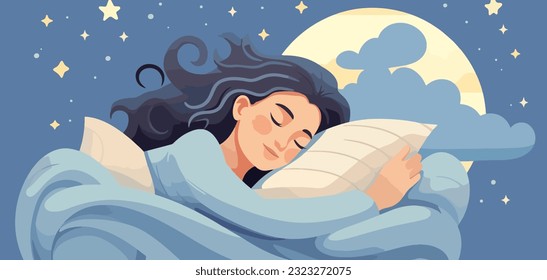 Illustration Sweet dreams banner. A woman sleeps in bed lying on a pillow and covered with a blanket. Vector hand drawn flat illustration.
