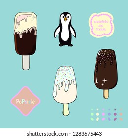 Illustration of sweet food-dessert chocolate ice cream on a stick, fruit ice cream and penguin sea bird, geometric shapes on a blue background