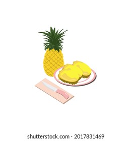 An illustration of a sweet and fresh pineapple,
 which has been cut and placed on a plate, suitable for children's books and magazines, as well as books on agriculture and for other business purposes.