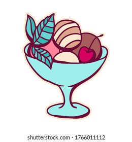 Illustration of sweet ice cream. Stylized dessert for pastry shops and cafes.