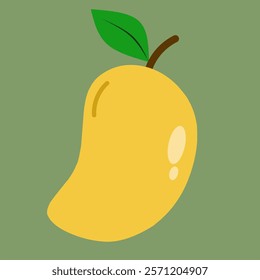 Illustration of a sweet and juicy mango with leaf. An oval or egg-shaped fruit with green or yellow color. Mangifera indica, plant in the family Anacardiaceae. 