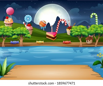 Illustration of sweet land on the riverside at night landscape