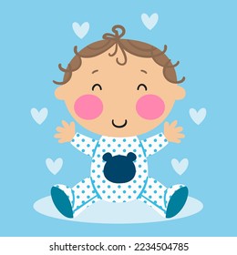 Illustration of a sweet little boy wearing a romper and hearts around it
