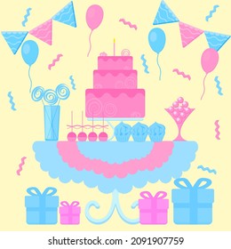 Illustration of sweet party table with cake, cupcakes, lollipops, candies, presents, cake pops