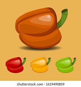 Illustration of sweet pepper on an orange background in orange, red, yellow and green versions