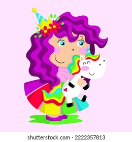 Illustration of a sweet princess with her little unicorn