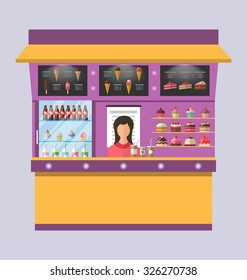 Illustration Sweet Shop with Cakes, Ice Creams, Muffins, Cupcakes, Coffee - Vector