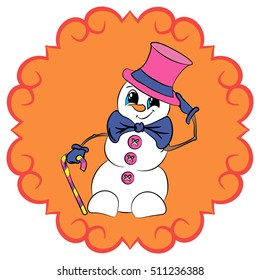 illustration with sweet snowman gentleman in wavy contour on orange background, pink hat, Christmas sticker