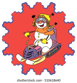 illustration with sweet snowman on snowmobile, wavy contour, red background, yellow hat,  Christmas sticker