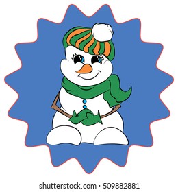 illustration with sweet snowman in wavy contour on blue background, green scarf, hat and mittens, Christmas sticker