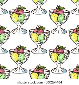 Illustration of sweets. Assorted ice cream. Happy holiday. Seamless pattern.