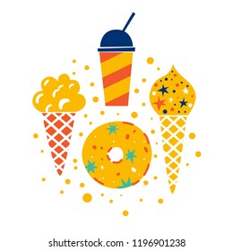 Illustration of sweets, drink in a glass with a tube, ice cream in a cone, donut set. Vector illustration