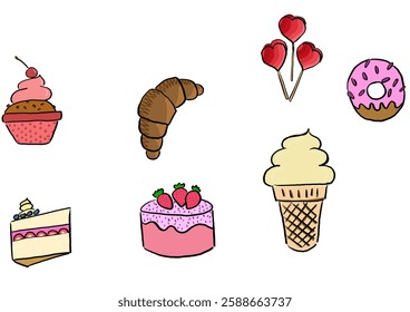 Illustration of sweets, heart-shaped lollipops, donut with pink frosting and sprinkles, vanilla ice cream in a cone, cake with pink frosting and strawberries, piece of cake with whipped cream, muffin.