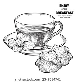 Illustration of sweets for tea. Ink pen drawing for cafe or restaurant menu.