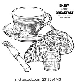 Illustration of sweets for tea. Ink pen drawing for cafe or restaurant menu.