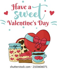 Illustration with sweets for Valentine's Day. Candy, cake, cup, jar with hearts.