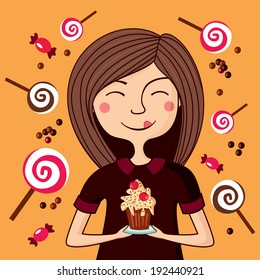 Illustration of sweet-tooth girl with cake