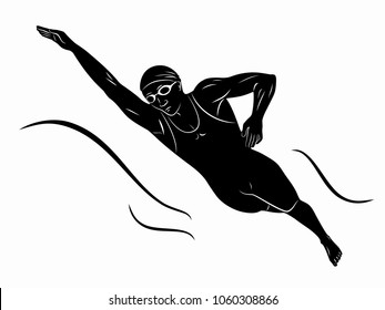 illustration of a swimmer , black and white drawing, white background