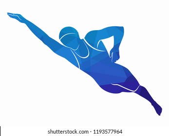 illustration of a swimmer , blue triangles drawing, white background