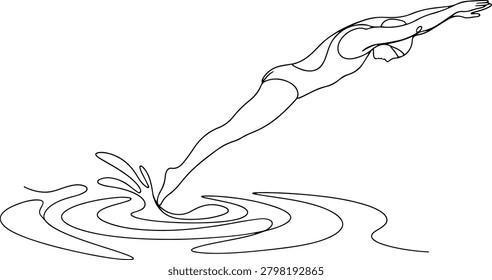 Illustration of swimmer diving into a pool, hand drawn outline vector illustration.