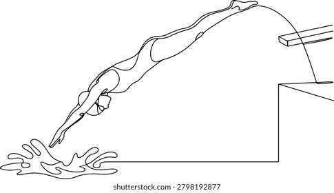 Illustration of swimmer diving into a pool, hand drawn outline vector illustration.