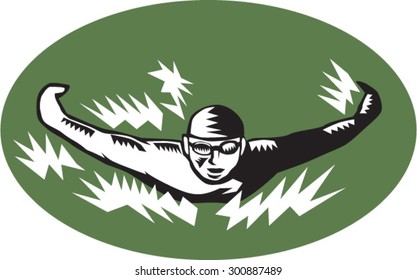 Illustration of a swimmer doing butterfly stroke swimming viewed from front set inside oval shape done in retro woodcut style. 