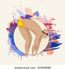 Illustration of a Swimmer on abstract watercolor background for Sports concept.