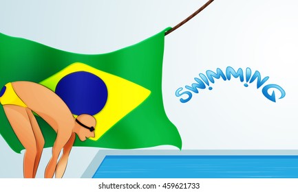 Illustration of a Swimmer ready for swimming with Glossy Brazilian Flag for Sports concept.