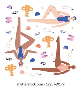 Illustration with swimmers and equipment for synchronized swimming. Isolated flat vector illustration with necessary equipment such as google glass, nose clip etc. Artistic swimming concept.