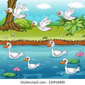 Illustration of swimming and flying ducks on a colorful environment