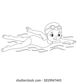 Illustration with a swimming girl. The child goes in for water sports, swimming. Linear illustration, coloring book.