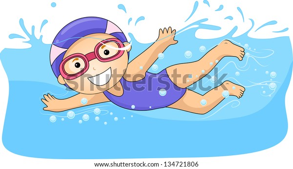 水泳の帽子とゴーグルが水に沈んだ女の子が泳ぐイラスト のベクター画像素材 ロイヤリティフリー