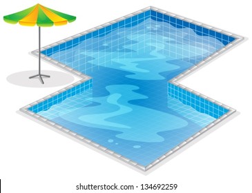 Illustration of a swimming pool with a beach umbrella on a white background