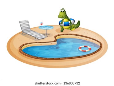 Illustration of a swimming pool with a crocodile inside a buoy on a white background